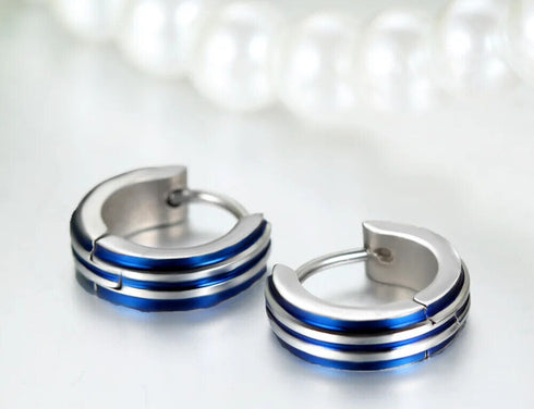 316L Surgical Steel Striped Blue/Black Men Women Hypoallergenic Hoop Earrings